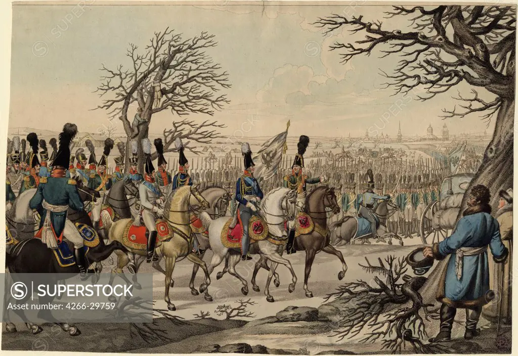 Tsar Alexander I and King Frederick William III before the troops by Anonymous   / Private Collection / ca 1813 / France / Etching, watercolour / History / 28,4x41,3