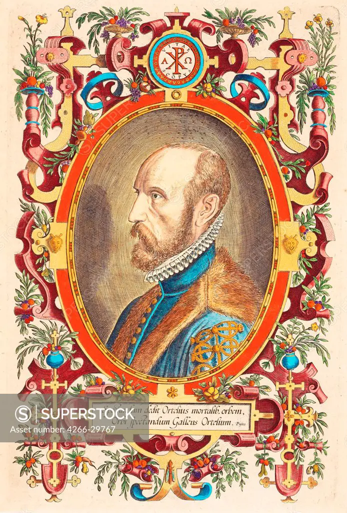 Portrait of Abraham Ortelius (1527-1598) From: Theatrum Orbis Terrarum by Fenderich, Charles (1805-1887) / Private Collection / 1579 / The Netherlands / Copper engraving, watercolour / Portrait / 32,3x20,6