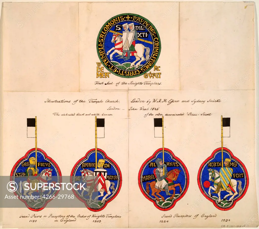 Knights Templar Seals of 1180, 1203, 1224, 1234 by Essex, Richard Hamilton (1802-1855) / Private Collection / 1845 / Great Britain / Watercolour on paper / History / 30x33,5
