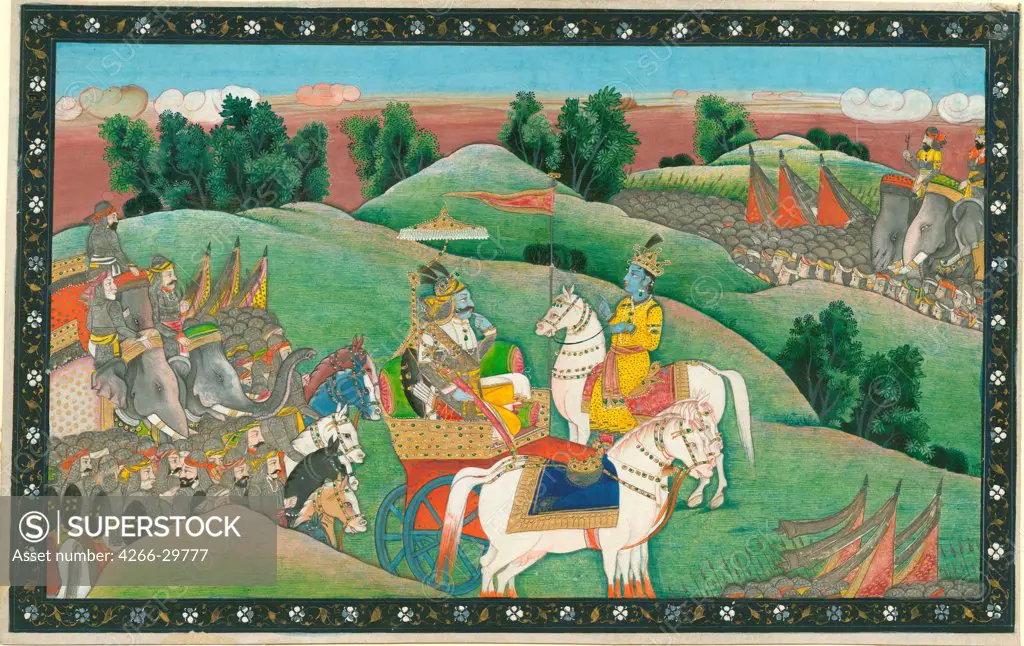 The dialogue between Lord Krishna and Arjuna by Indian Art   / Private Collection / c. 1830 / India, Rajput painting (Rajasthani) / Gouache on paper / Mythology, Allegory and Literature / 18x28,7