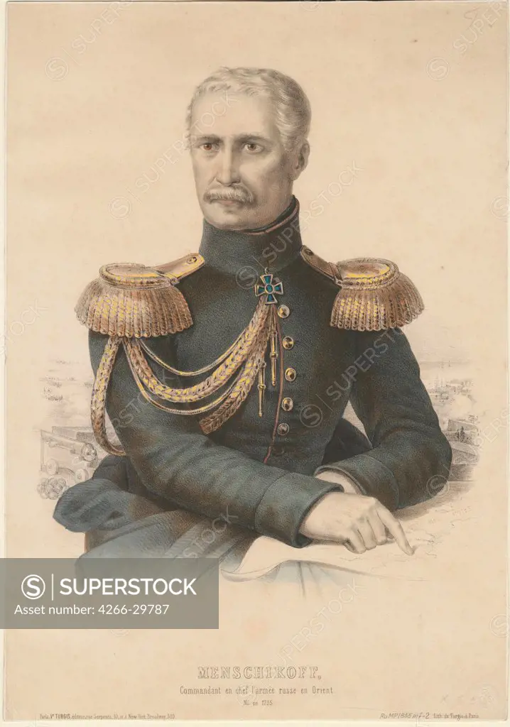 Prince Alexander Sergeyevich Menshikov (1787-1869) by Anonymous   / Private Collection / 1855 / France / Lithograph, watercolour / Portrait / 35x24,5