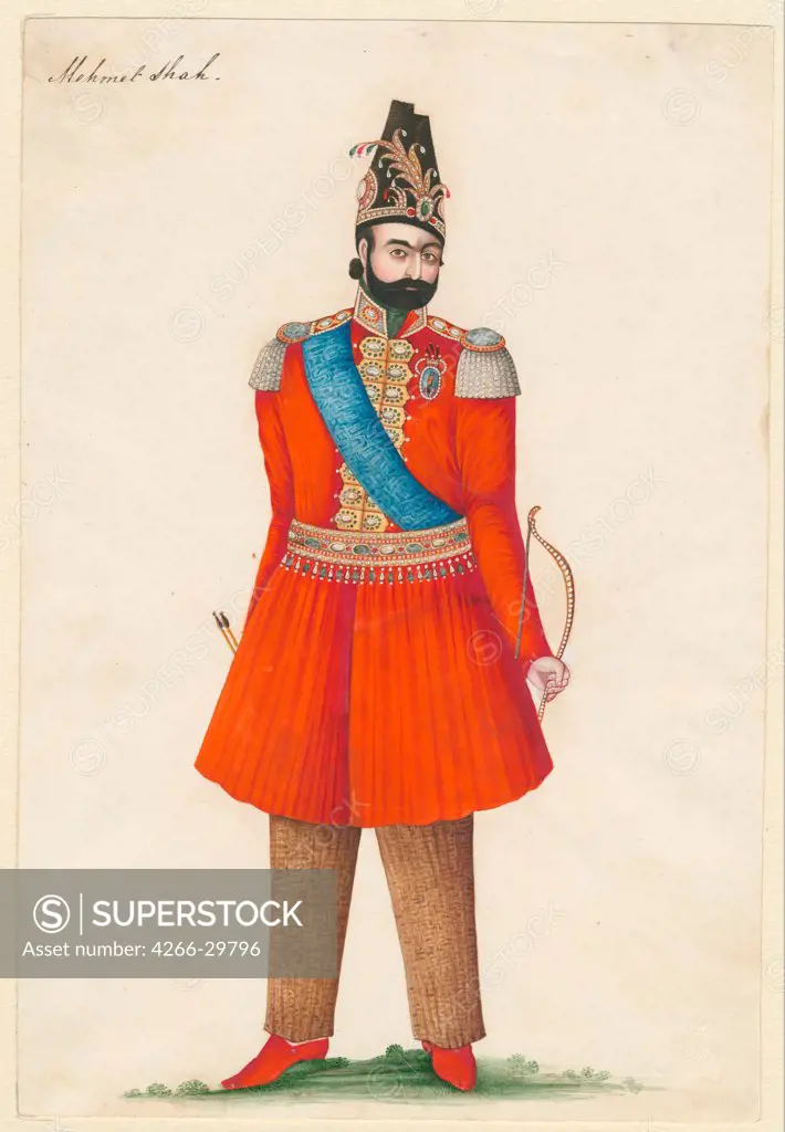 Mohammad Shah Qajar (1808-1848), king of Persia by Iranian master   / Private Collection / 1835 / Iran, Qajar Dynasty / Gouache on paper / Portrait / 24,2x16,5