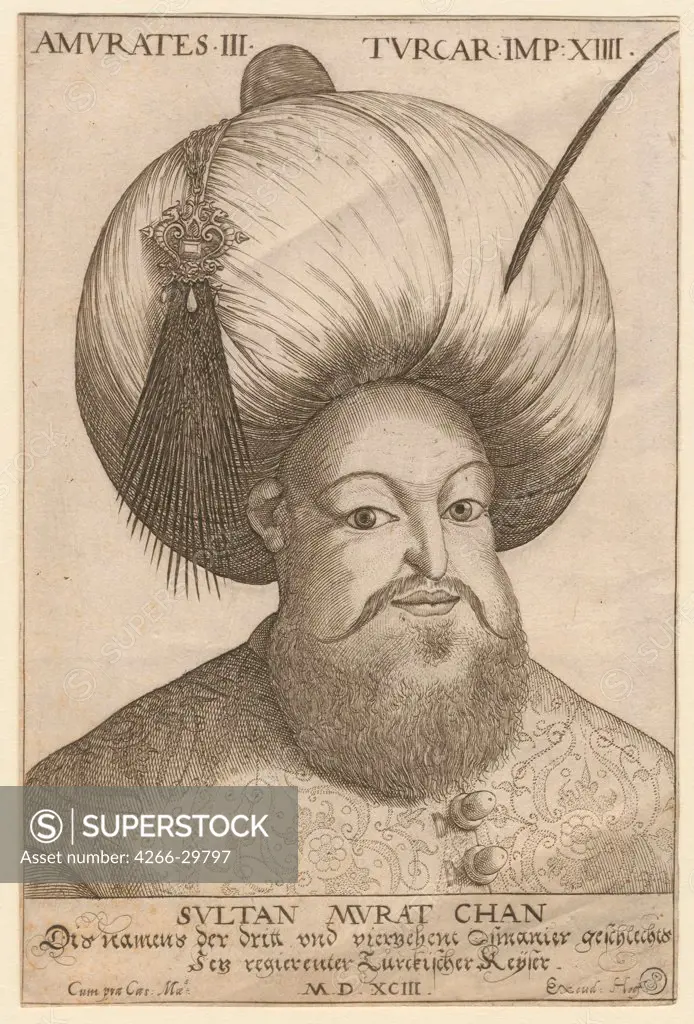Murad III (1546-1595), Sultan of the Ottoman Empire by Anonymous   / Private Collection / 1593 / Germany / Etching / Portrait / 18,5x12,3