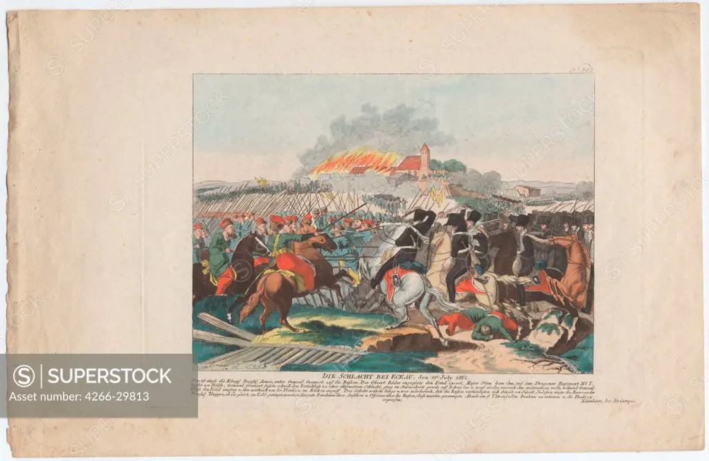 The Battle of Eckau on 19 July 1812 by Campe, August Friedrich Andreas (1777-1846) / Private Collection /Germany / Etching, watercolour / History / 23x35,8