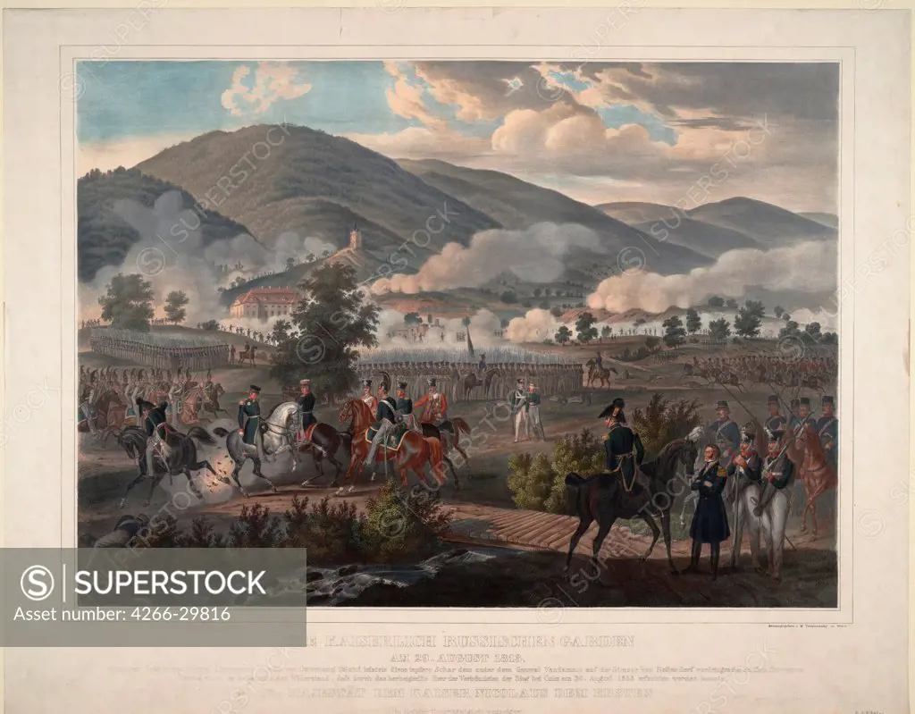 Russian Life-Guards Regiment at the Battle of Kulm on 29 August 1813 by Anonymous   / Private Collection / ca 1813 / Germany / Colour lithograph / History / 59x75,6