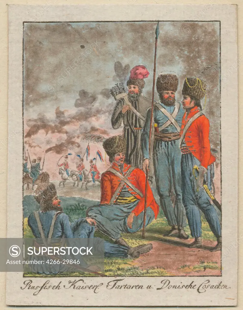 Imperial Russian Cossacks by Anonymous   / Private Collection / 1799 / Austria / Etching, watercolour / History / 8,8x6,8