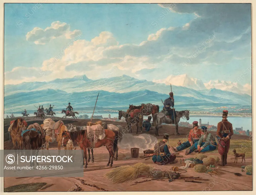 Halt of Russian Cossacks by Kobell, Wilhelm, Ritter von (1766-1853) / Private Collection / 1804 / Germany / Watercolour on paper / History / 36,8x48,2
