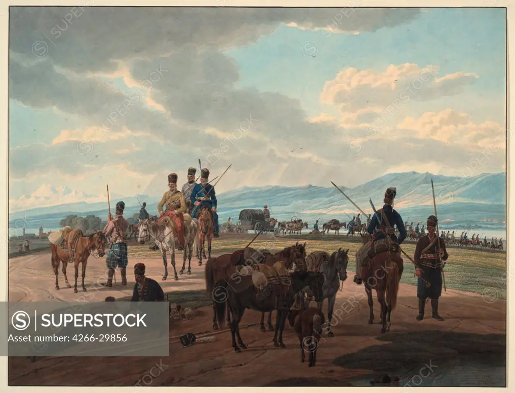 Russian Cossacks on march by Kobell, Wilhelm, Ritter von (1766-1853) / Private Collection / 1804 / Germany / Watercolour on paper / History / 36,8x48,2