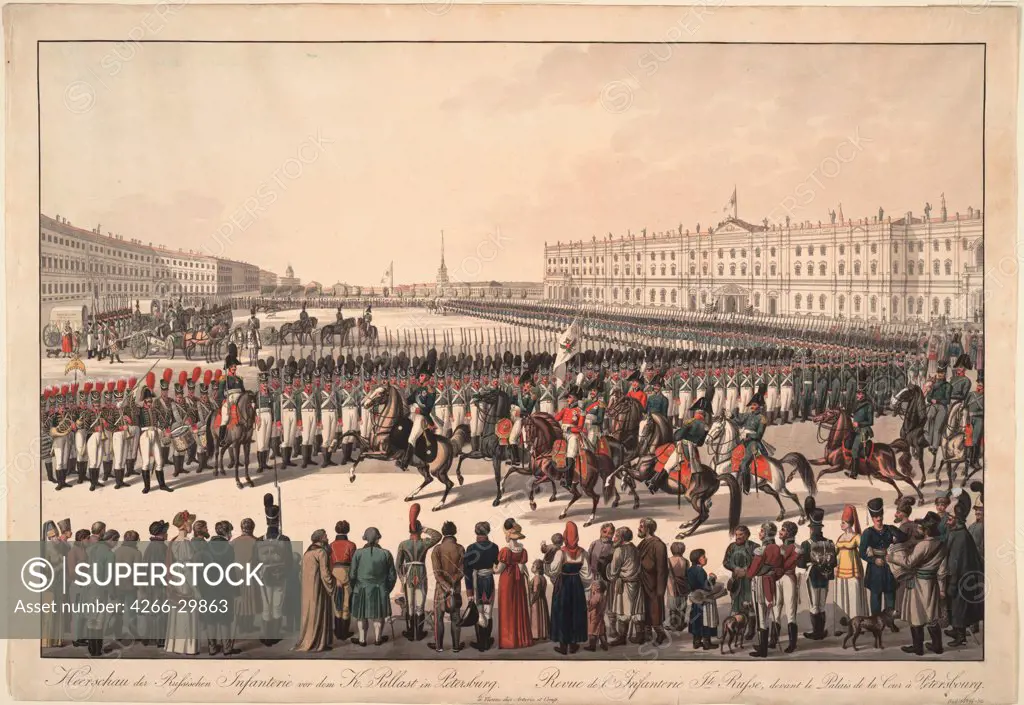 A Review of the Russian Infantry on the Palace Square in St Petersburg by Kobell, Wilhelm, Ritter von (1766-1853) / Private Collection / 1809-1813 / Germany / Etching, watercolour / History / 62,3x90,8