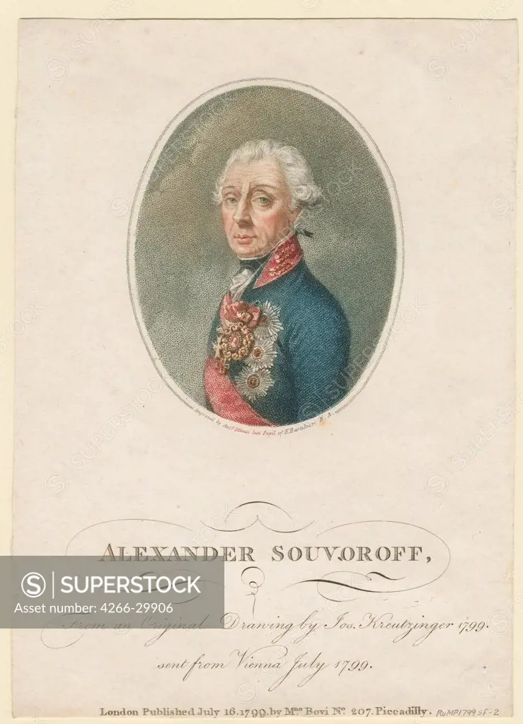 Portrait of Field Marshal Generalissimo Prince Alexander Suvorov (1729Ð1800) by Kreuzinger, Josef (1757-1829) / Private Collection / 1799 / Austria / Etching, watercolour / Portrait / 22,5x16