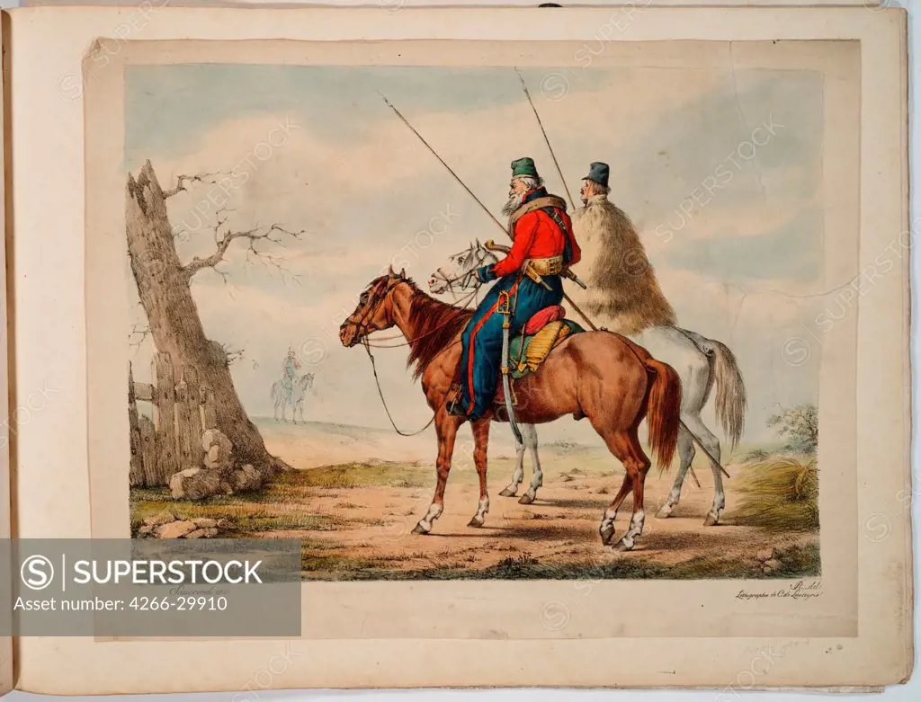 Cossacks by Sauerweid, Alexander Ivanovich (1783-1844) / Private Collection / 1815-1819 / Russia / Colour lithograph / History / 52,3x68,7
