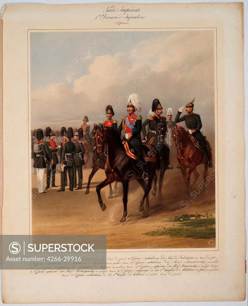 Officers of the 1st Guards Infantry Division of the Russian Imperial Guard by Piratsky, Karl Karlovich (1813-1889) / Private Collection / 1867 / Russia / Colour lithograph / History / 56x45