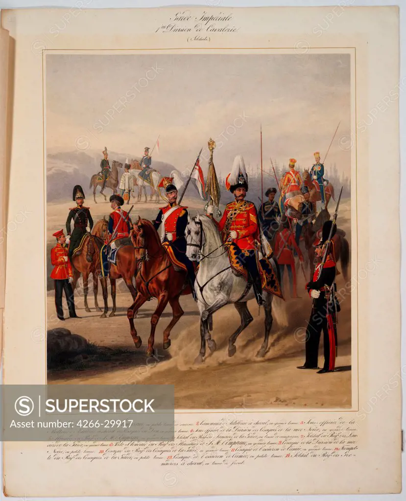 Soldiers of the 1st Guard Cavalry Division of the Russian Imperial Guard by Piratsky, Karl Karlovich (1813-1889) / Private Collection / 1867 / Russia / Colour lithograph / History / 56x45