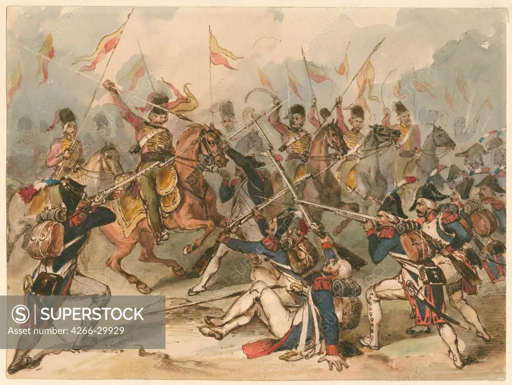 French infantry and Russian hussars in combat at Austerlitz by Goupil-Fesquet, Frederic (1817-1878) / Private Collection /France / Watercolour on paper / History / 21,2x28,6