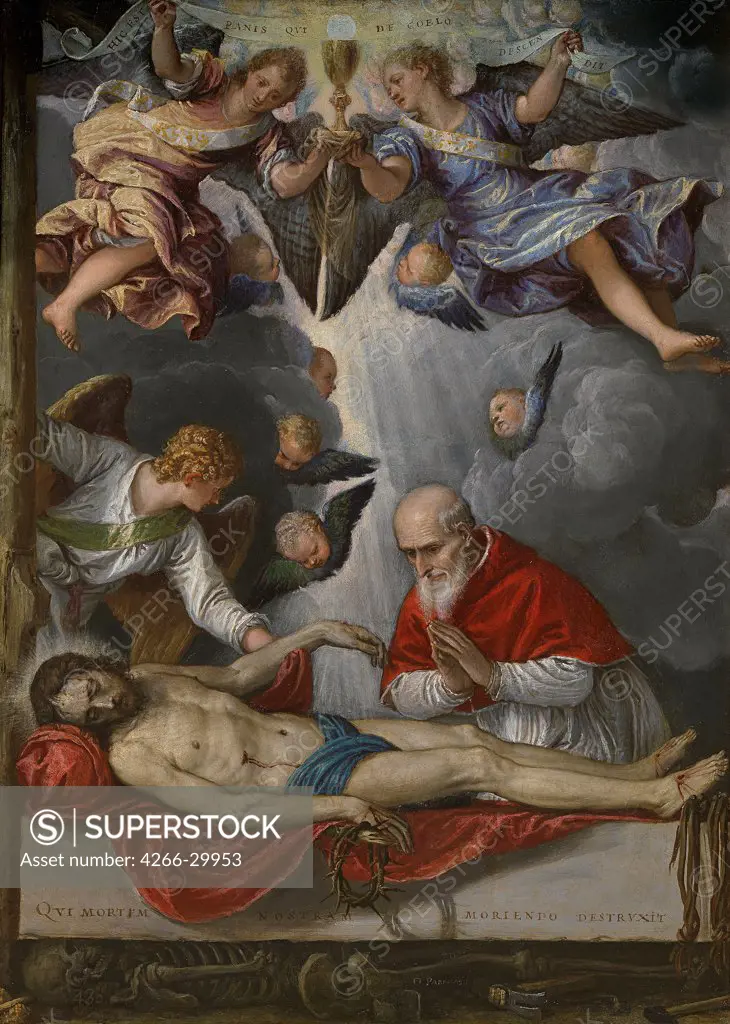Dead Christ, adored by Pope Pius V by Parrasio, Micheli (ca. 1516-1578) / Museo del Prado, Madrid / ca 1571-1572 / Italy, Venetian School / Oil on canvas / Portrait,Bible / 42x30