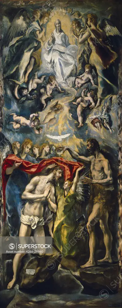 The Baptism of Christ by El Greco, Dominico (1541-1614) / Museo del Prado, Madrid / 1597-1600 / Spain / Oil on canvas / Bible / 350x144