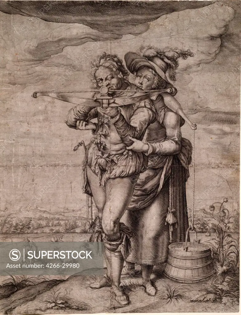 The Crossbowman and the Milkmaid by Gheyn, Jacques de, the Younger (1565-1629) / Private Collection / c. 1610 / The Netherlands / Copper engraving / Genre,History / 39,3x30