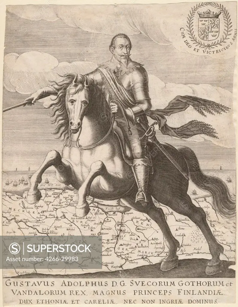 Gustavus Adolphus before the map of Pomerania in the background by Anonymous   / Private Collection / 1630 /Copper engraving / History / 30,4x23,9