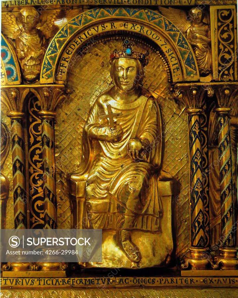 The Shrine of Charlemagne, Detail: Frederick II, Holy Roman Emperor by West European Applied Art   / Aachen Cathedral / 1215 / Germany / Gold, wood, gems / Portrait,Objects /