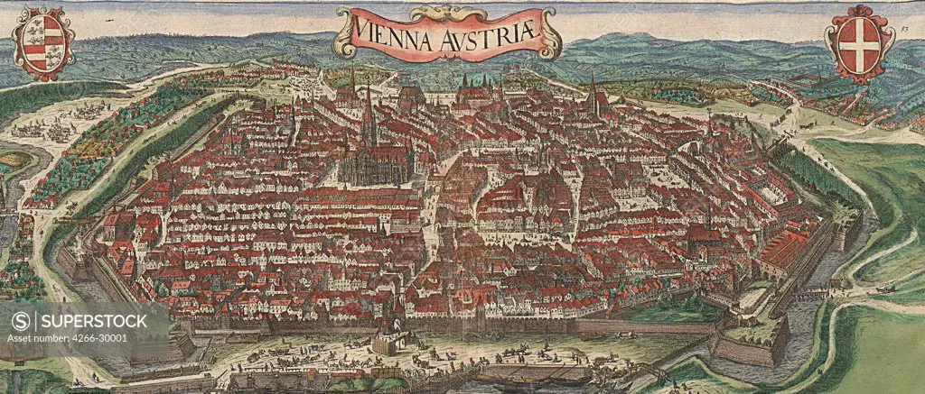 Bird's-eye view of Vienna from North by Hoefnagel, Jacob (1575-c. 1630) / Albertina, Vienna / 1609 / The Netherlands / Copper engraving, watercolour / History / 79,5x159,5