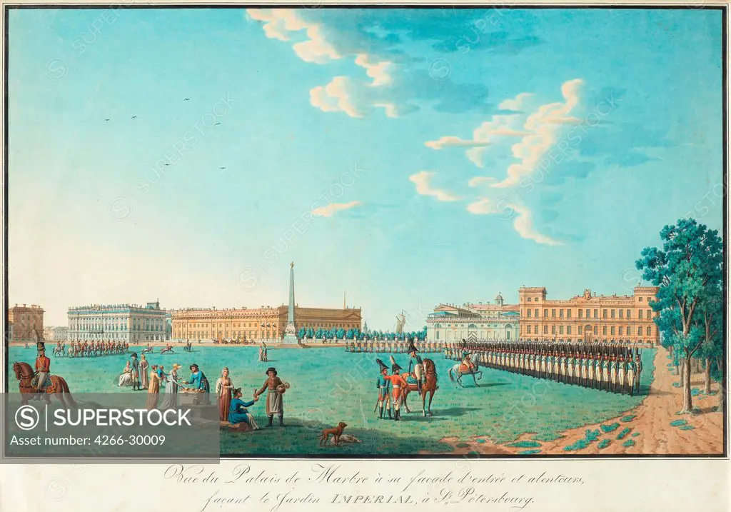 The Marble Palace in Saint Petersburg by Paterssen, Benjamin (1748-1815) / Private Collection / c. 1800 / Sweden / Etching, watercolour / Architecture, Interior,Landscape / 52x77