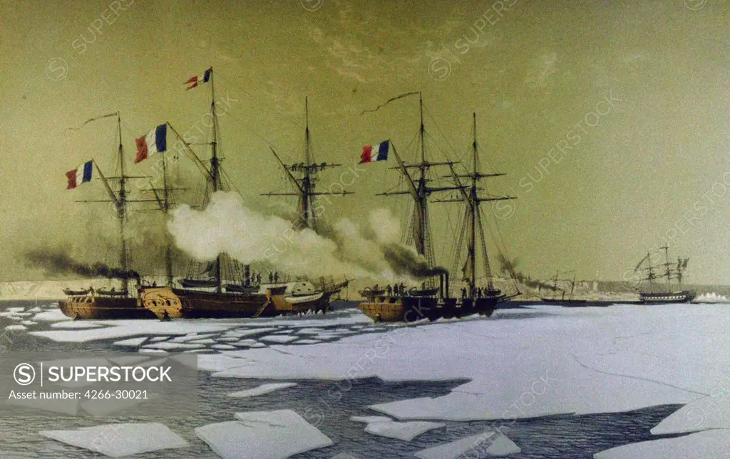 Icebreaking in the Dnieper Liman for the passage of Floating batteries, 1855-1856 by Morel-Fatio, Antoine Leon (1810-1871) / Private Collection / 1860 / France / Colour lithograph / History /