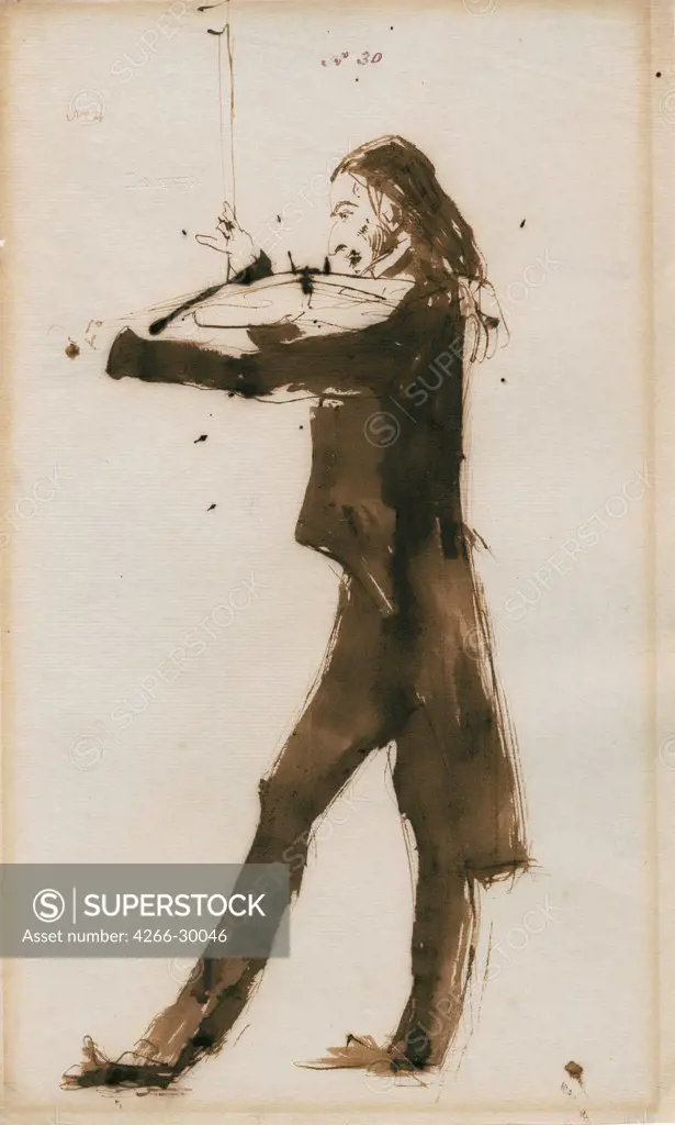 Portrait of Niccolo Paganini (1782-1840) by Landseer, Sir Edwin Henry (1802-1873) / Private Collection / 1831 / Great Britain / Pen, brush, ink on paper / Music, Dance,Portrait /