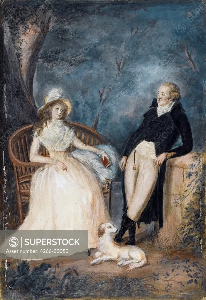 Charlotte von Stein and Johann Wolfgang von Goethe in conversation by German master   / Private Collection / Second Half of the 18th cen. / Germany / Watercolour on cardboard / Portrait,Genre /
