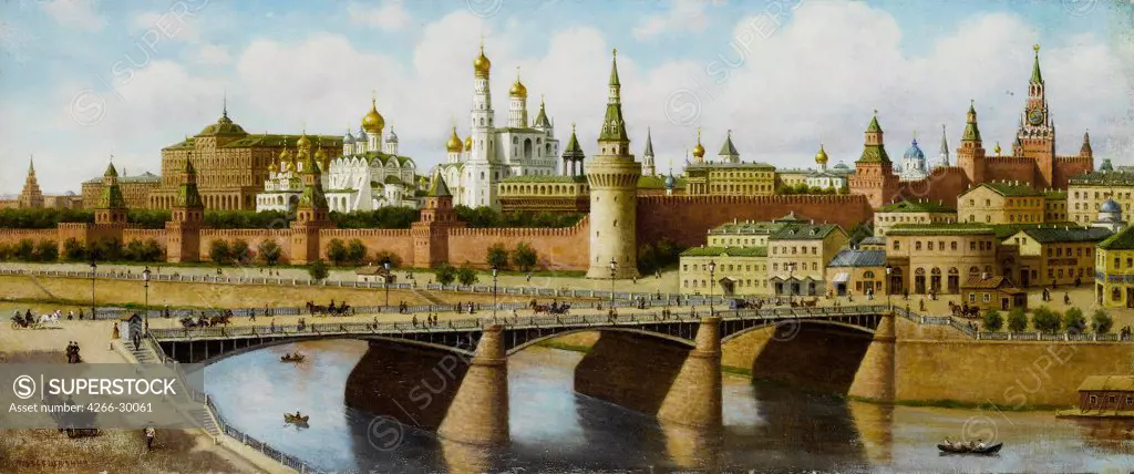 View of the Kremlin from the Moskvoretsky Bridge by Vereshchagin, Pyotr Petrovich (1836-1886) / Private Collection /Russia / Oil on canvas / Architecture, Interior,Landscape / 39,4x95,5