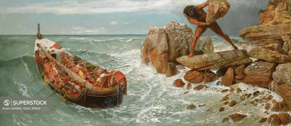 Odysseus and Polyphemus by Bocklin, Arnold (1827-1901) / Private Collection / 1896 / Schwitzerland / Oil on wood / Mythology, Allegory and Literature / 66x150