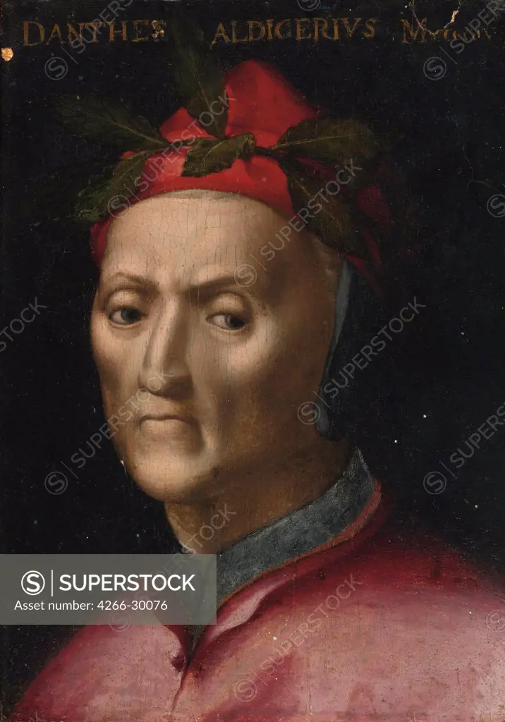 Portrait of Dante Alighieri (1265-1321) by Italian, second half 16th cen. (ca. 1550-1600) / Private Collection /Italy, Florentine School / Oil on wood / Portrait / 38,5x27,5