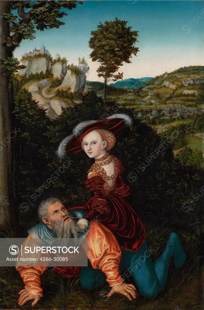 Aristotle and Phyllis by Cranach, Lucas, the Elder (1472-1553) / Private Collection / 1530 / Germany / Oil on wood / Mythology, Allegory and Literature / 55,3x35,3