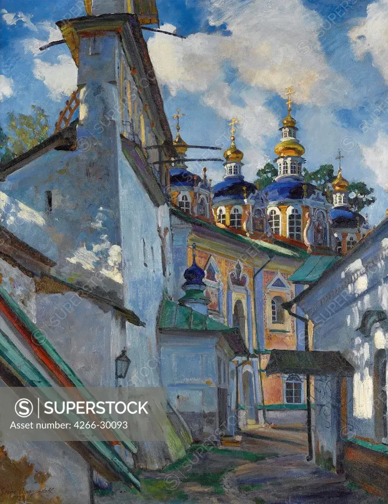 View of the Pskovo-Pechersky Monastery by Vinogradov, Sergei Arsenyevich (1869-1938) / Private Collection / 1928 / Russia / Oil on canvas / Architecture, Interior,Landscape / 91,5x73,5