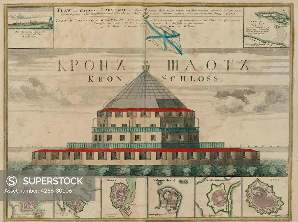 Plan of the Kronstadt Fortress by Homann, Johann Baptist (1663-1724) / Private Collection / 1750 / Germany / Etching, watercolour / Architecture, Interior,History /