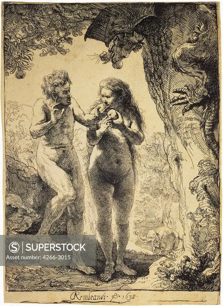 Adam and Eve by Rembrandt van Rhijn, etching, 1638, 1606-1669, Russia, St. Petersburg, State Hermitage, 16, 3x11, 5