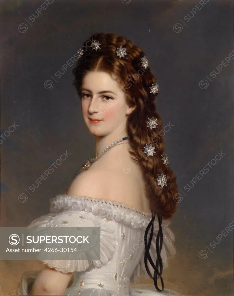 Empress Elisabeth of Austria with Diamond stars in her hair by Winterhalter, Franz Xavier (1805-1873) / Private Collection / ca 1860 / France / Oil on canvas / Portrait / 80x64