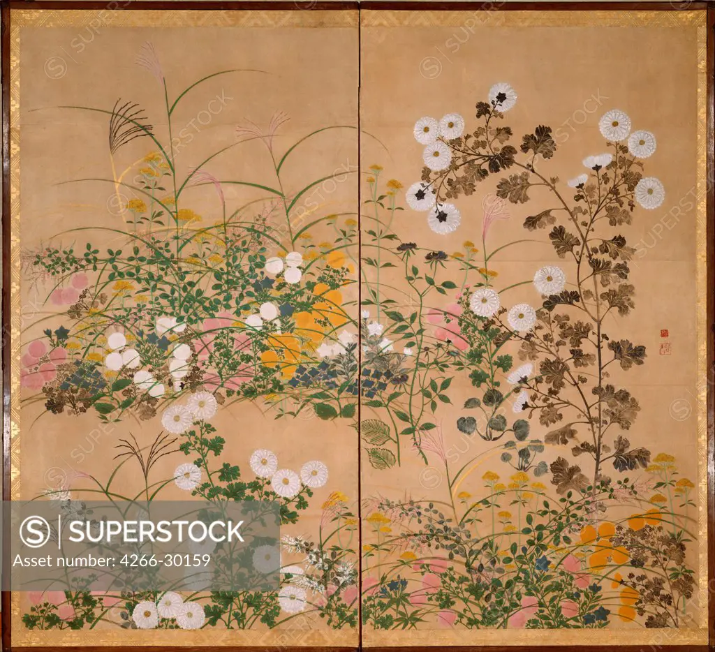 Flowering Plants in Autumn by Korin, Ogata (1658-1716) / Suntory Museum of Art / 18th century / Japan / Watercolour and ink on paper / Landscape / 154x173