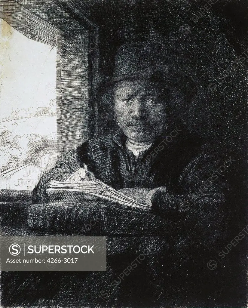 Man writing by Rembrandt van Rhijn, etching, 1648, 1606-1669, Russia, St. Petersburg, State Hermitage, 15, 8x13