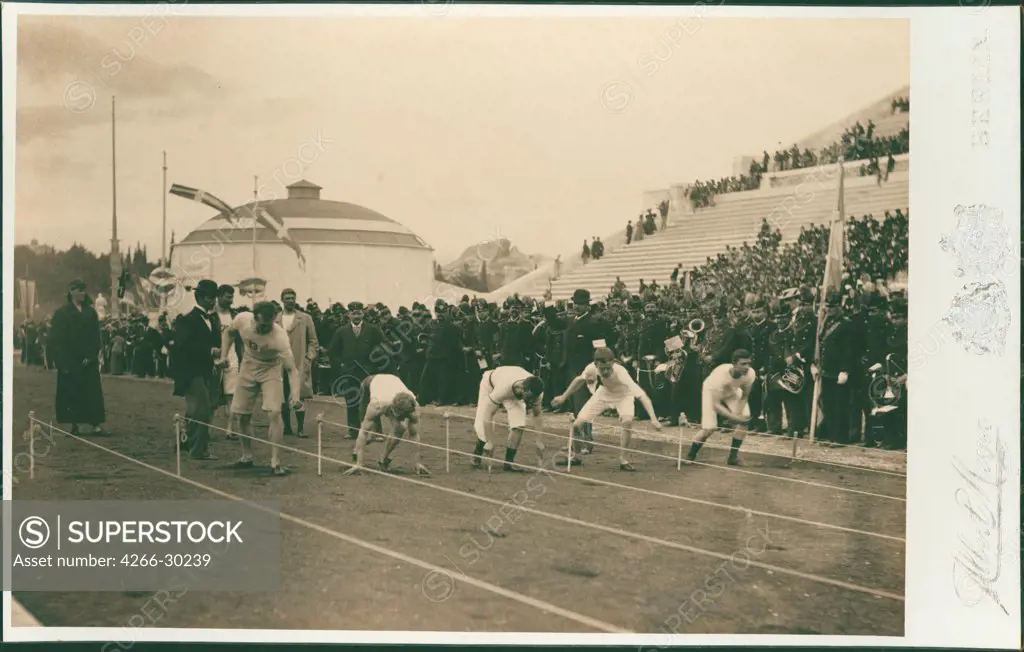 Olympic Games, 1896. Preparation for the 100-meter race / Meyer, Albert (1857Ð1924) / Photograph / 1896 / Germany / Private Collection / Genre,History