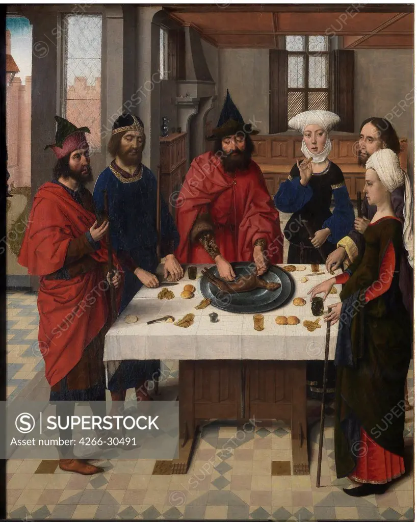 The Last Supper altarpiece: Passover Seder (left wing) by Bouts, Dirk (1410/20-1475) / St. Peter's Church, Leuven / 1464-1468 / The Netherlands / Oil on wood / Bible / 88x71,3 / Early Netherlandish Art