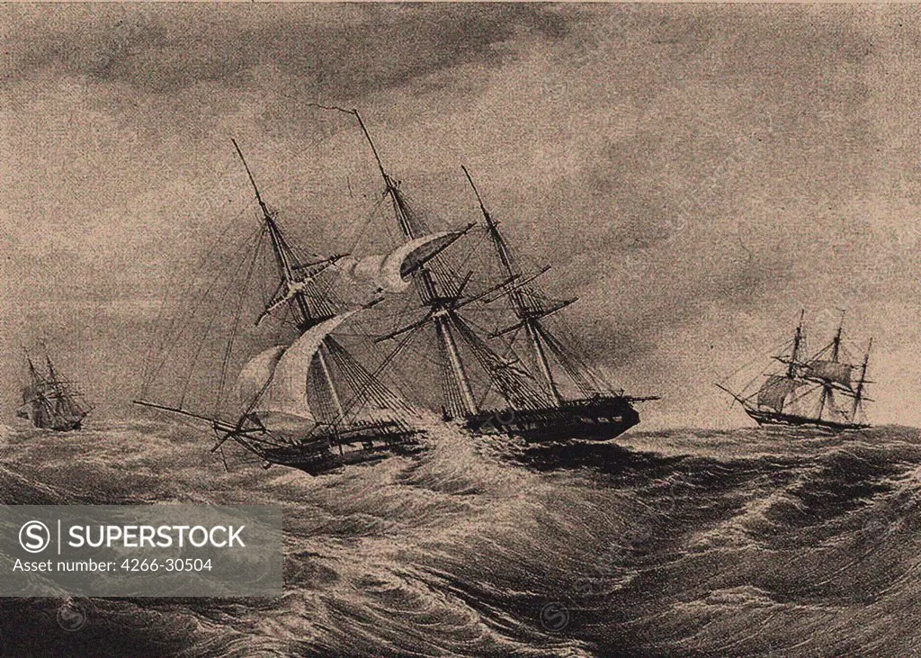 The frigate Kreiser and the sloop Ladoga at the coast of America 1823 by Anonymous   / Private Collection / 1900s-1910s / Russia / Lithograph / History / Book design
