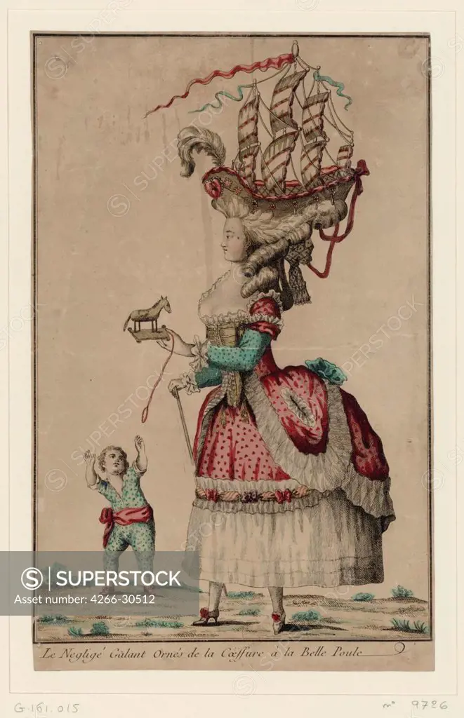 Coiffure a la Belle-Poule by Anonymous   / Private Collection / 1778 / France / Colour lithograph / Genre,History / Rococo