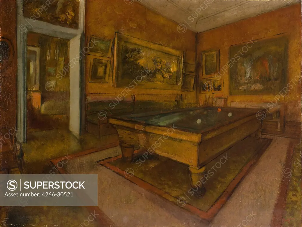 Billiard Room at Menil-Hubert by Degas, Edgar (1834-1917) / Musee d'Orsay, Paris / 1892 / France / Oil on canvas / Architecture, Interior / 50,7x65,9 / Impressionism