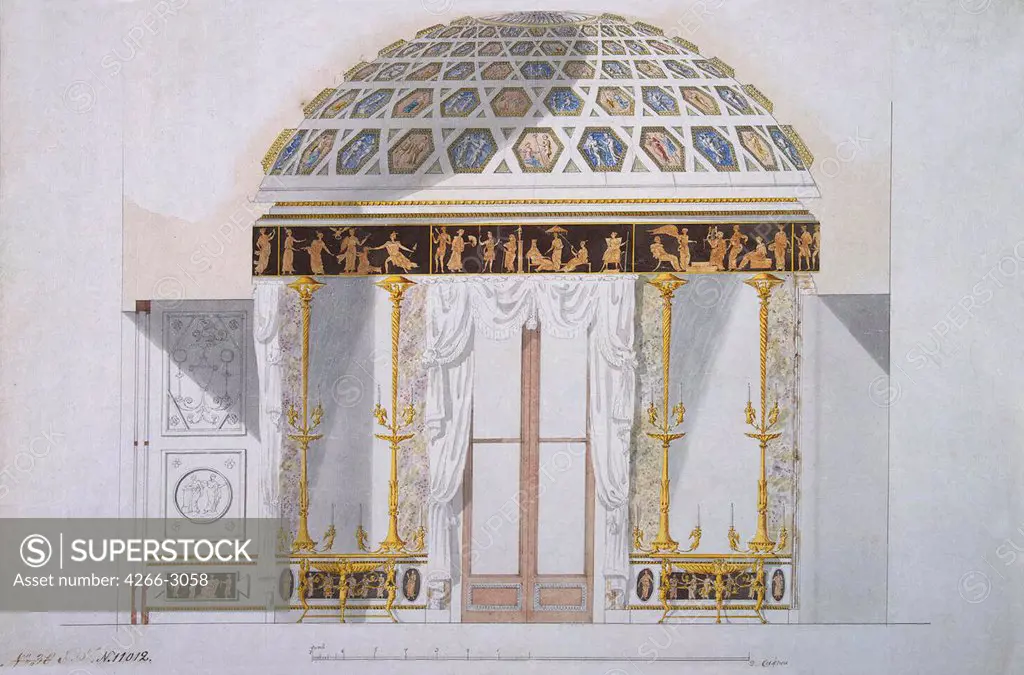 Illustration of Agate Pavilon by Charles Cameron, watercolour and ink on paper, 1780s, circa 1730/40-1812, St. Petersburg, State Hermitage, 40x60
