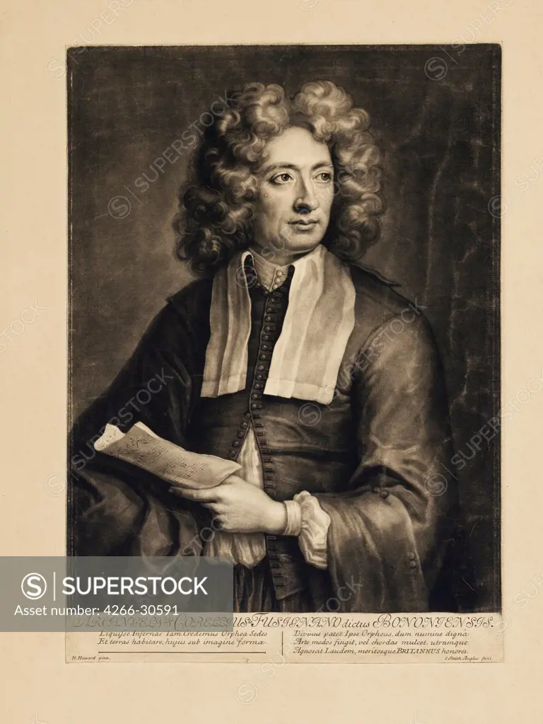 Portrait of the composer Arcangelo Corelli (1653-1713) by Howard, Hugh (1675-1737) / Private Collection / 1704 / Great Britain / Copper engraving / Portrait / 35,2x24,8 / Baroque