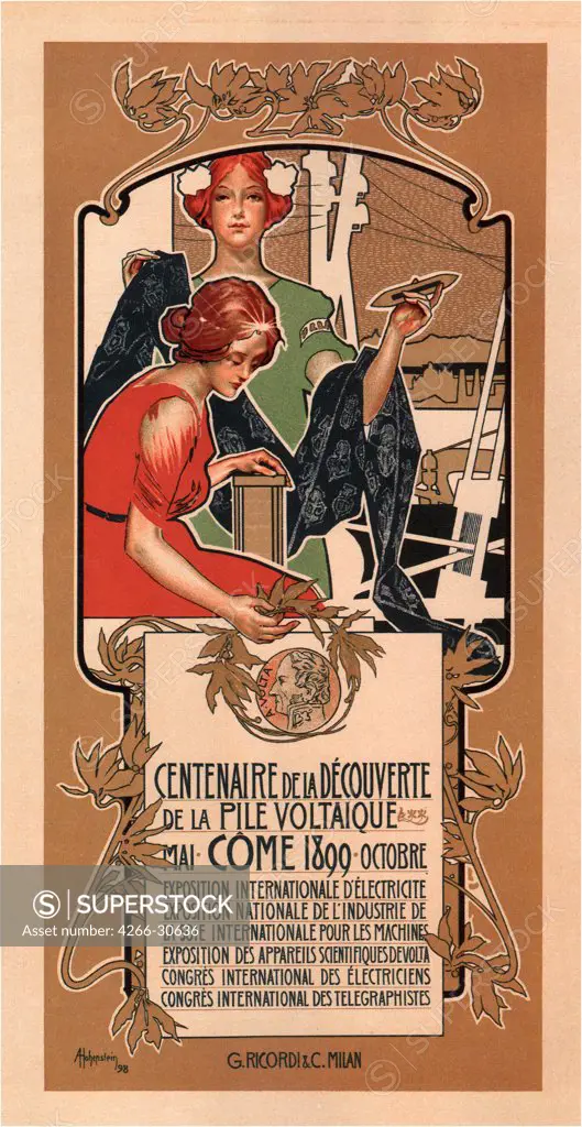 The 100th Anniversary of Volta's Discovery of the Electric Battery by Hohenstein, Adolfo (1854-1928) / Private Collection / 1898 / Italy / Colour lithograph / Poster and Graphic design / 107x53 / Communication design