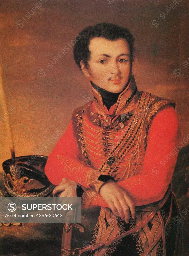 Portrait of Artemy Lazarev (1791-1813), Staff ride master of the Life-Guards Hussar Regiment by Anonymous   / Russian State Library, Moscow / 1820s / Russia / Colour lithograph / Portrait / Classicism