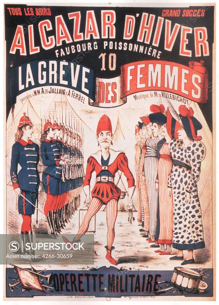 Poster for the Operetta La Greve des femmes by A. de Villebichot by Levy, Charles (1820-1899) / Private Collection / 1879-1880 / France / Colour lithograph / Opera, Ballet, Theatre,Poster and Graphic design / 58x44 / Art Nouveau