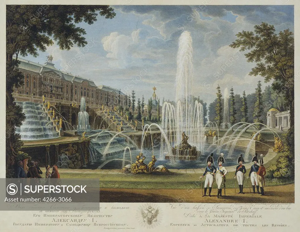 Formal garden with fountains by Ivan Vasilievich Chessky (Cheskoy), copper engraving, watercolour, 1782-1848, 19th century, Russia, St. Petersburg, State Hermitage, 58x69