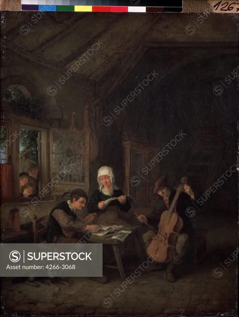 Domestic life by Adriaen Jansz van Ostade, oil on wood, 1645, 1610-1685, Russia, St. Petersburg, State Hermitage, 39x30, 5